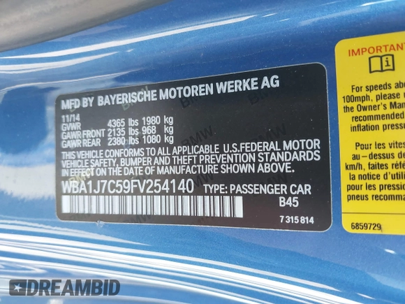 2015 BMW 2 Series M235i with VIN WBA1J7C59FV254140, listed as a IAAI auction lot 41642427 with 23,957 mi miles and . Bid and sale history available at carsss.com. Image 9.