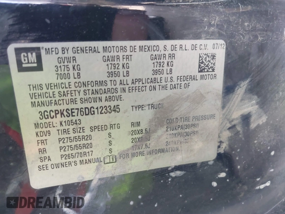 2013 Chevrolet Silverado 1500 LT with VIN 3GCPKSE76DG123345, listed as a IAAI auction lot 40983382 with 232,450 mi miles and . Bid and sale history available at DreamBid. Image 9.