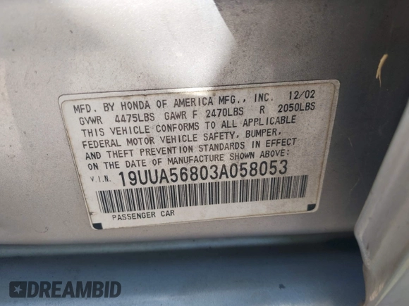 2003 Acura TL Type S with VIN 19UUA56803A058053, listed as a IAAI auction lot 41755803 with 179,515 mi miles. Bid and sale history available at carsss.com. Image 9.