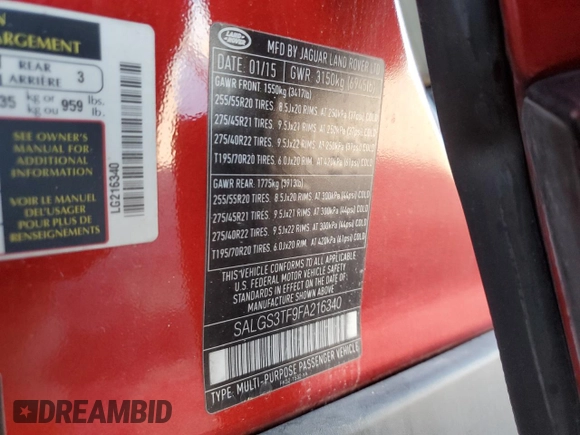 2015 Land Rover Range Rover Supercharged with VIN SALGS3TF9FA216340, listed as a Copart auction lot 55516785 with 81,908 mi miles and Clean title. Bid and sale history available at DreamBid. Image 13.