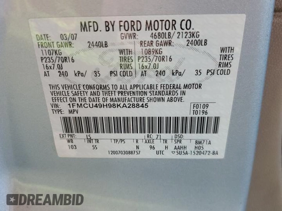 2008 Ford Escape Hybrid with VIN 1FMCU49H98KA28845, listed as a Copart auction lot 52648135 with 210,756 mi miles and Salvage title. Bid and sale history available at DreamBid. Image 12.