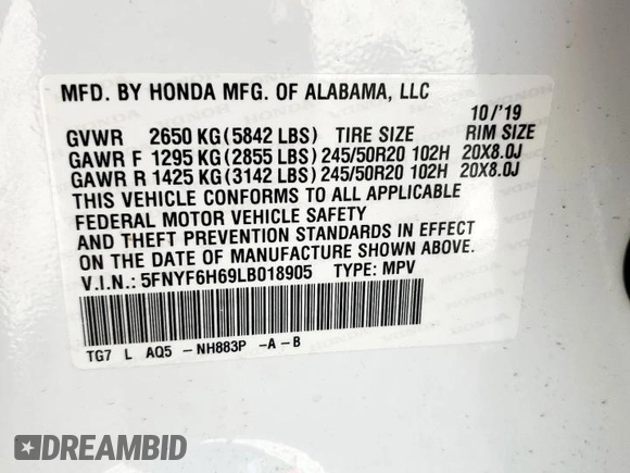 2020 Honda Pilot Touring 7-Passenger with VIN 5FNYF6H69LB018905, listed as a Copart auction lot 61209685 with 61,637 mi miles and Salvage title. Bid and sale history available at DreamBid. Image 13.