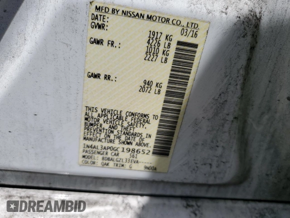 2016 Nissan Altima SV with VIN 1N4AL3AP0GC198652, listed as a Copart auction lot 53582494 with 137,707 mi miles and Clean Title. Bid and sale history available at carsss.com. Image 12.