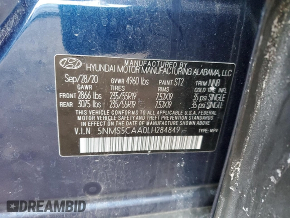 2020 Hyundai Santa Fe Limited with VIN 5NMS5CAA0LH284849, listed as a Copart auction lot 88536925 with 36,576 mi miles and Salvage Title. Bid and sale history available at carsss.com. Image 14.
