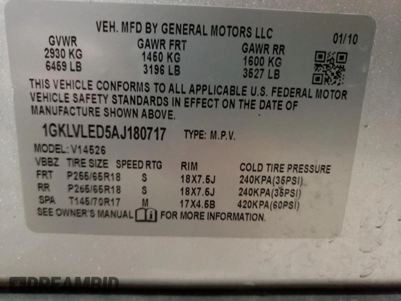 2010 GMC Acadia SLE with VIN 1GKLVLED5AJ180717, listed as a Copart auction lot 80777364 with 124,893 mi miles and Clean Title. Bid and sale history available at carsss.com. Image 13.