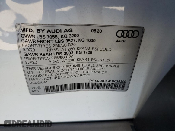 2020 Audi e-tron Sportback Premium Plus with VIN WA12ABGE4LB035209, listed as a Copart auction lot 78139704 with 13,055 mi miles and Salvage title. Bid and sale history available at DreamBid. Image 13.
