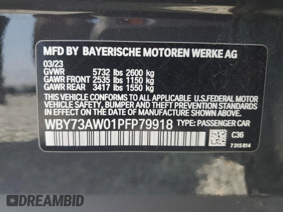2023 BMW i4 eDrive40 with VIN WBY73AW01PFP79918, listed as a Copart auction lot 57541264 with 17,168 mi miles and Salvage Title. Bid and sale history available at carsss.com. Image 14.