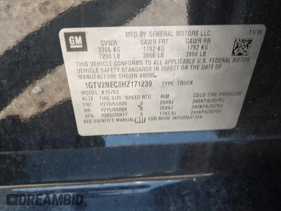 2017 GMC Sierra 1500 SLT z VIN 1GTV2NEC0HZ171239, wystawiony jako IAAI lot #42080957 z przebiegiem 196 170 mil mil oraz . Historia ofert i sprzedaży dostępna na DreamBid. Obrazek 9.