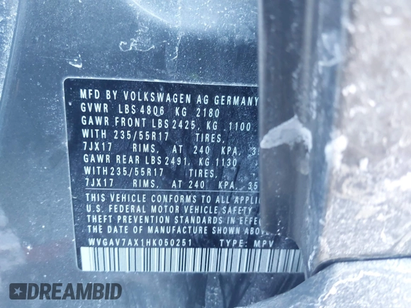 2017 Volkswagen Tiguan S z VIN WVGAV7AX1HK050251, wystawiony jako IAAI lot #41608261 z przebiegiem 172 298 mil mil oraz . Historia ofert i sprzedaży dostępna na DreamBid. Obrazek 9.