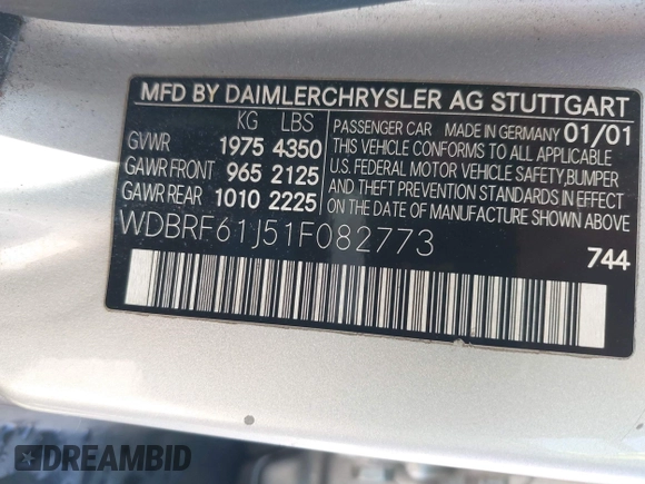 2001 Mercedes-Benz C 230/260/280/320 with VIN WDBRF61J51F082773, listed as a IAAI auction lot 41691845 with 36,771 mi miles and . Bid and sale history available at DreamBid. Image 9.