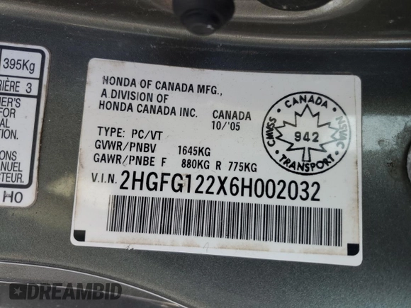 2006 Honda Civic Cpe DX with VIN 2HGFG122X6H002032, listed as a Copart auction lot 88782515 with 177,776 mi miles and Clean Title. Bid and sale history available at carsss.com. Image 12.