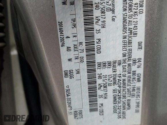 2016 Ford Focus SE with VIN 1FADP3K28GL321635, listed as a Copart auction lot 51574305 with 122,662 mi miles and Salvage Title. Bid and sale history available at carsss.com. Image 12.