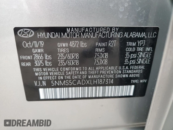 2020 Hyundai Santa Fe Limited with VIN 5NMS5CADXLH187314, listed as a Copart auction lot 87905395 with 35,904 mi miles and Salvage Title. Bid and sale history available at DreamBid. Image 13.