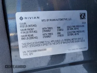 2024 Rivian R1S Adventure z VIN 7PDSGABA1RN043089, wystawiony jako Copart lot #43860515 z przebiegiem Nie podano mil oraz Nie do naprawy. Historia ofert i sprzedaży dostępna na DreamBid. Obrazek 15.