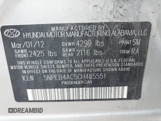 2012 Hyundai Sonata GLS with VIN 5NPEB4AC5CH485551, listed as a IAAI auction lot 41976473 with 101,969 mi miles and . Bid and sale history available at DreamBid. Image 9.