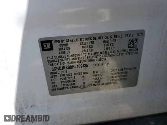 2017 Chevrolet Trax LS with VIN 3GNCJKSB9HL189435, listed as a Copart auction lot 50135165 with 56,018 mi miles and Salvage Title. Bid and sale history available at carsss.com. Image 15.