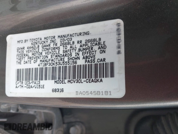 2003 Toyota Camry LE z VIN 4T1BF30K53U555156, wystawiony jako IAAI lot #42144121 z przebiegiem 300 328 mil mil oraz . Historia ofert i sprzedaży dostępna na DreamBid. Obrazek 9.