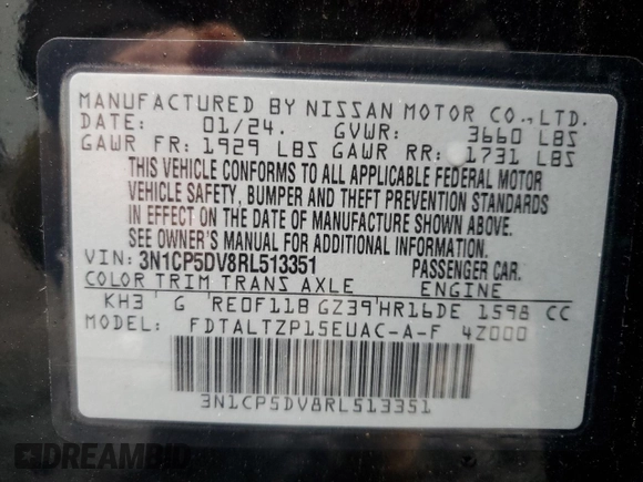 2024 Nissan Kicks SR with VIN 3N1CP5DV8RL513351, listed as a Copart auction lot 52313665 with 24,298 mi miles and Salvage Title. Bid and sale history available at DreamBid. Image 13.