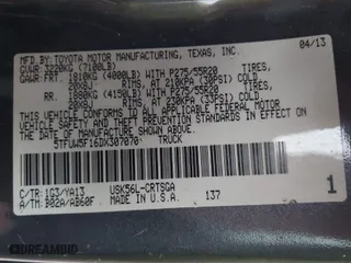 2013 Toyota Tundra 4WD Truck with VIN 5TFUW5F16DX307070, listed as a IAAI auction lot 41306027 with 258,219 mi miles. Bid and sale history available at carsss.com. Image 9.