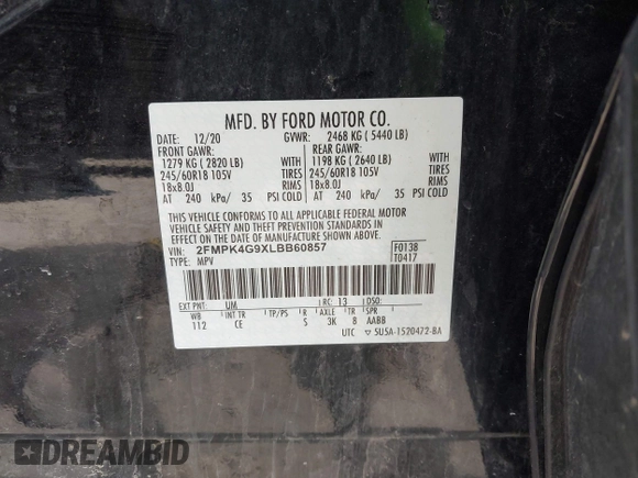 2020 Ford Edge SE with VIN 2FMPK4G9XLBB60857, listed as a IAAI auction lot 42136389 with 64,954 mi miles and . Bid and sale history available at DreamBid. Image 9.