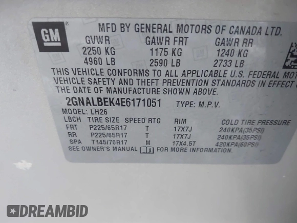 2014 Chevrolet Equinox LT with VIN 2GNALBEK4E6171051, listed as a IAAI auction lot 41004509 with 130,134 mi miles. Bid and sale history available at carsss.com. Image 9.