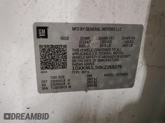 2019 GMC Acadia SLT with VIN 1GKKNULS6KZ269279, listed as a Copart auction lot 44393285 with 93,110 mi miles and Salvage Title. Bid and sale history available at DreamBid. Image 14.