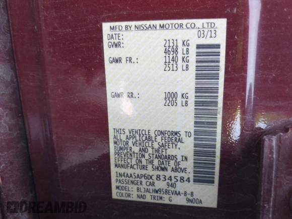 2013 Nissan Maxima S with VIN 1N4AA5AP6DC834584, listed as a IAAI auction lot 42661244 with 97,849 mi miles and . Bid and sale history available at DreamBid. Image 9.