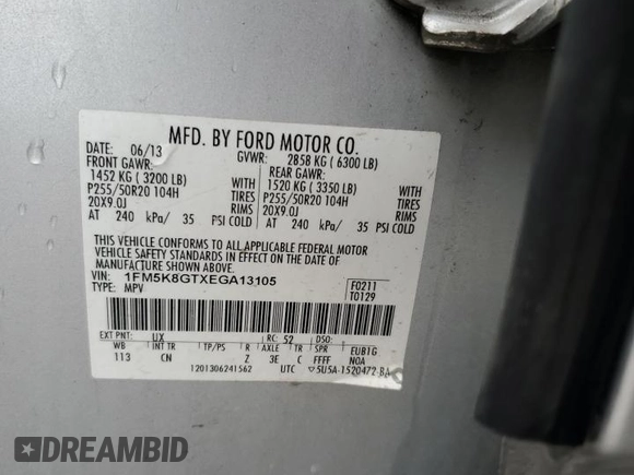 2014 Ford Explorer Sport with VIN 1FM5K8GTXEGA13105, listed as a Copart auction lot 56916645 with 165,814 mi miles and Salvage title. Bid and sale history available at DreamBid. Image 13.