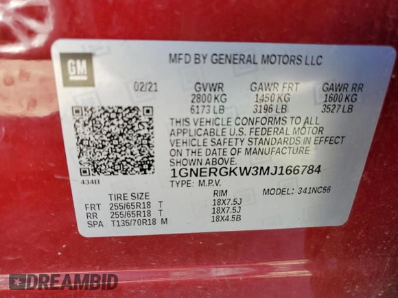 2021 Chevrolet Traverse LT Cloth with VIN 1GNERGKW3MJ166784, listed as a Copart auction lot 46328675 with 121,841 mi miles and Salvage Title. Bid and sale history available at carsss.com. Image 12.