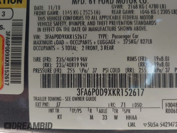 2019 Ford Fusion Titanium with VIN 3FA6P0D9XKR152617, listed as a IAAI auction lot 42209470 with 135,956 mi miles and . Bid and sale history available at DreamBid. Image 9.