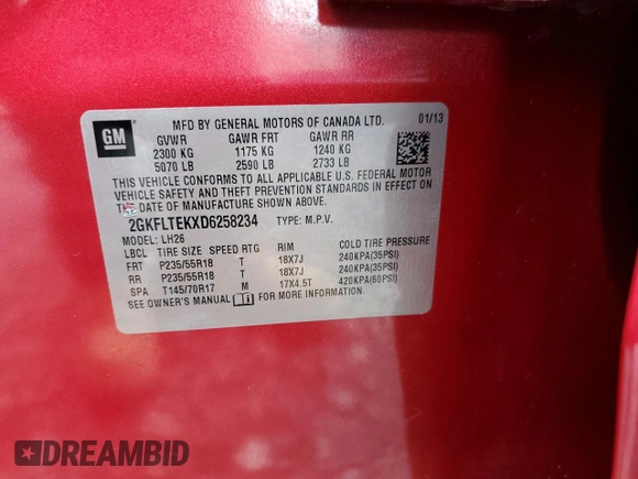 2013 GMC Terrain SLE with VIN 2GKFLTEKXD6258234, listed as a Copart auction lot 52391175 with 80,109 mi miles and Salvage Title. Bid and sale history available at carsss.com. Image 14.