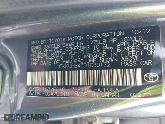 2013 Scion xD with VIN JTKKUPB43D1030172, listed as a IAAI auction lot 42433011 with 102,607 mi miles and . Bid and sale history available at DreamBid. Image 9.