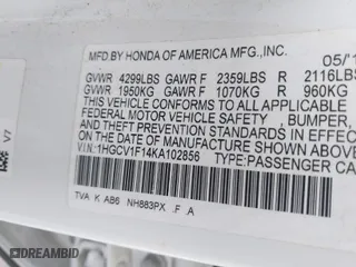 2019 Honda Accord Sedan LX 1.5T with VIN 1HGCV1F14KA102856, listed as a IAAI auction lot 41564120 with 60,356 mi miles. Bid and sale history available at carsss.com. Image 9.