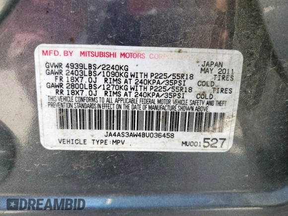2011 Mitsubishi Outlander SE with VIN JA4AS3AW4BU036458, listed as a Copart auction lot 56501535 with 218,646 mi miles and Salvage title. Bid and sale history available at DreamBid. Image 13.