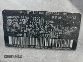 2022 Subaru WRX Premium z VIN JF1VBAF65N9008864, wystawiony jako Copart lot #56528035 z przebiegiem 9 971 mil mil oraz Szkoda całkowita • Salvage title. Historia ofert i sprzedaży dostępna na DreamBid. Obrazek 12.