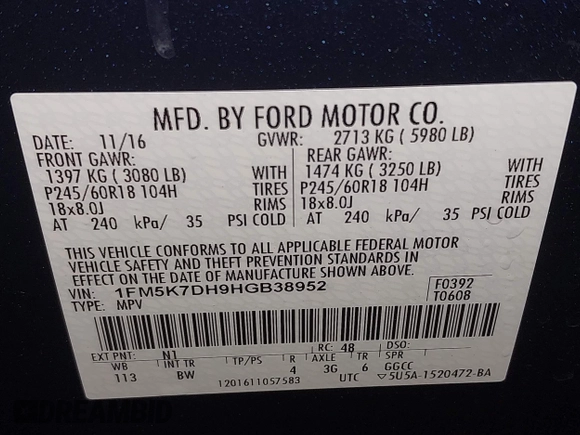 2017 Ford Explorer XLT with VIN 1FM5K7DH9HGB38952, listed as a IAAI auction lot 42381832 with 98,871 mi miles and . Bid and sale history available at DreamBid. Image 9.