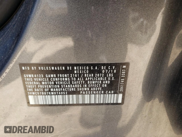 2019 Volkswagen Jetta S with VIN 3VWC57BU7KM074052, listed as a Copart auction lot 56577335 with Not provided miles and Non repairable. Bid and sale history available at DreamBid. Image 13.