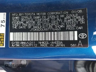 2008 Toyota Prius with VIN JTDKB20UX87776463, listed as a IAAI auction lot 42135235 with 179,768 mi miles. Bid and sale history available at carsss.com. Image 9.