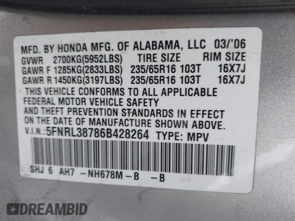 2006 Honda Odyssey EX-L z VIN 5FNRL38786B428264, wystawiony jako IAAI lot #41974479 z przebiegiem 187 595 mil mil oraz . Historia ofert i sprzedaży dostępna na DreamBid. Obrazek 9.