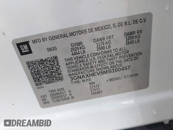 2021 Chevrolet Equinox LS with VIN 3GNAXHEV5MS100457, listed as a IAAI auction lot 42334872 with 64,241 mi miles and . Bid and sale history available at DreamBid. Image 9.
