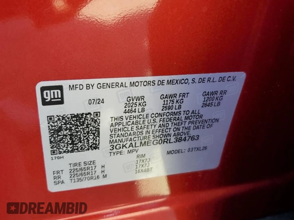 2024 GMC Terrain SLE with VIN 3GKALMEG0RL384763, listed as a Copart auction lot 53836935 with 279 mi miles and Salvage title. Bid and sale history available at DreamBid. Image 13.
