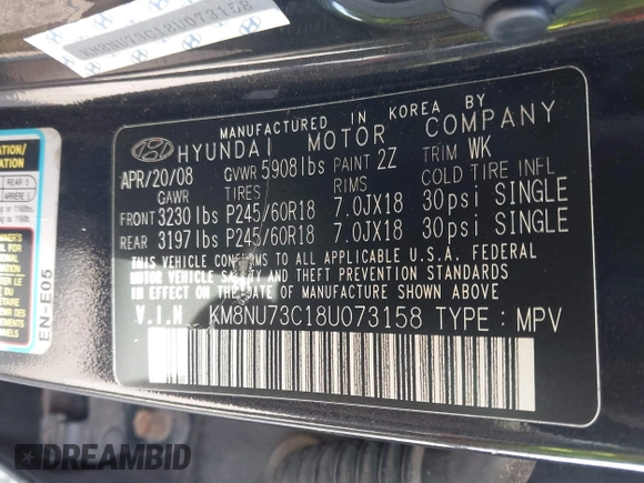 2008 Hyundai Veracruz GLS z VIN KM8NU73C18U073158, wystawiony jako IAAI lot #41711000 z przebiegiem 196 906 mil mil oraz . Historia ofert i sprzedaży dostępna na DreamBid. Obrazek 9.