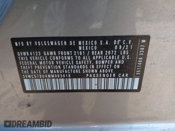 2021 Volkswagen Jetta S with VIN 3VWC57BU4MM083018, listed as a IAAI auction lot 42480431 with 52,824 mi miles and . Bid and sale history available at DreamBid. Image 9.