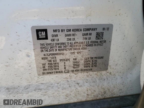2022 Chevrolet Trax LT with VIN KL7CJPSM8NB559131, listed as a Copart auction lot 48330105 with 74,616 mi miles and Salvage Title. Bid and sale history available at carsss.com. Image 15.