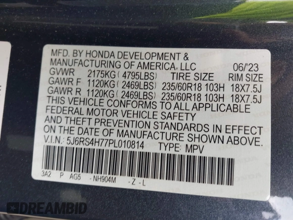 2023 Honda CR-V EX-L with VIN 5J6RS4H77PL010814, listed as a IAAI auction lot 42181761 with 19,041 mi miles and . Bid and sale history available at DreamBid. Image 9.