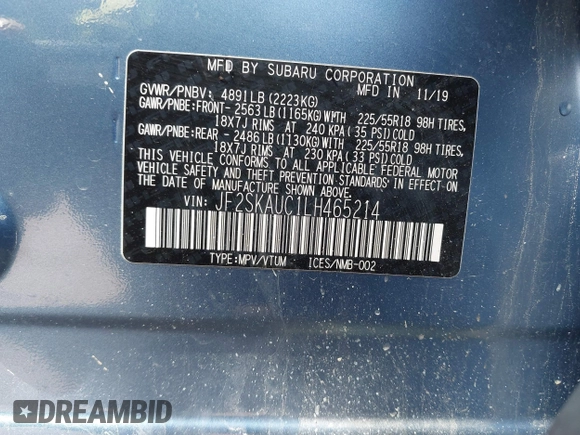 2020 Subaru Forester Limited with VIN JF2SKAUC1LH465214, listed as a IAAI auction lot 41869082 with 70,776 mi miles and . Bid and sale history available at DreamBid. Image 9.