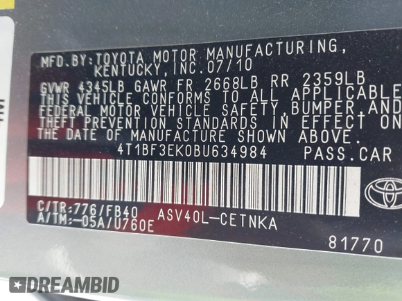 2011 Toyota Camry LE with VIN 4T1BF3EK0BU634984, listed as a IAAI auction lot 42050788 with 49,445 mi miles. Bid and sale history available at carsss.com. Image 9.