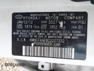 2012 Hyundai Accent GLS with VIN KMHCT4AE8CU207332, listed as a IAAI auction lot 41846183 with 163,190 mi miles. Bid and sale history available at carsss.com. Image 9.