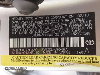 2010 Toyota Prius II with VIN JTDKN3DU0A0130127, listed as a IAAI auction lot 41763304 with 217,258 mi miles. Bid and sale history available at carsss.com. Image 9.