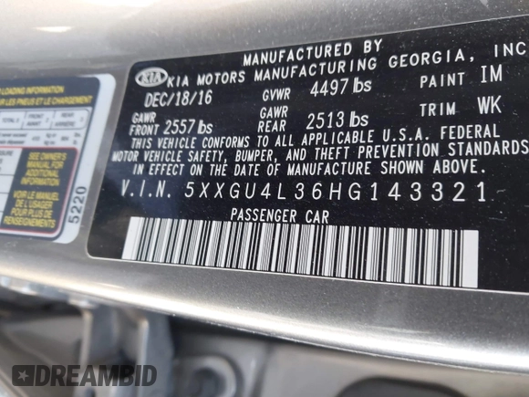 2017 Kia Optima EX with VIN 5XXGU4L36HG143321, listed as a IAAI auction lot 41589617 with 116,972 mi miles. Bid and sale history available at carsss.com. Image 9.